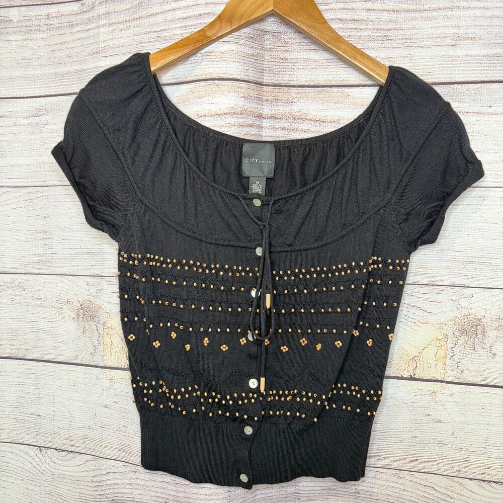 Vintage City Unltd Black Beaded Knit Top Cap Sleeve Scoop Neck Button Front M